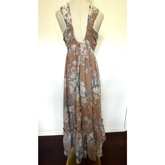 PURPOSE + PASSION Boutique Beige Floral Bandeau Halter Ruffled Maxi Dress Sz S - Picture 6 of 15